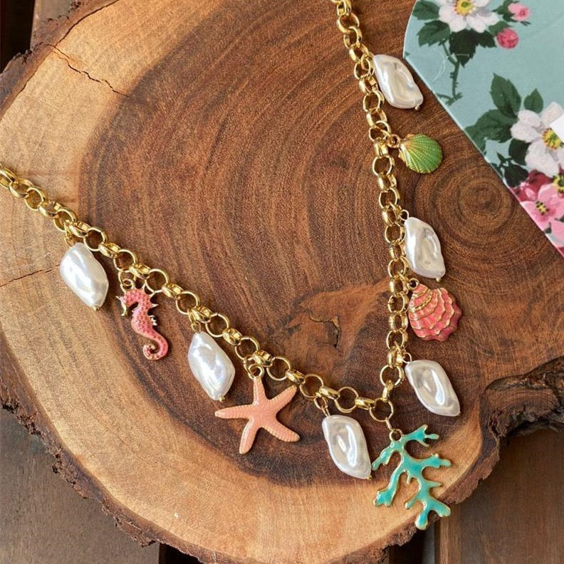 Colourful Summer Beach Series – DIY Pearl & Shell Ocean Charm Pendant Necklace, Gold-Plated Colour-Retaining