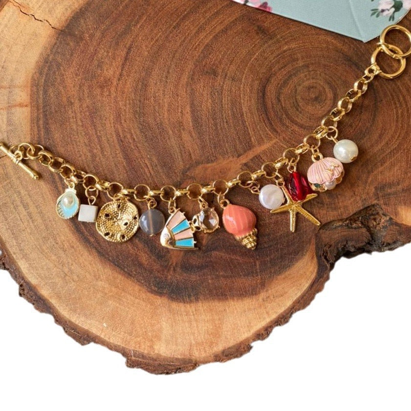 Colourful Summer Beach Series – DIY Pearl & Shell Ocean Charm Pendant Necklace, Gold-Plated Colour-Retaining