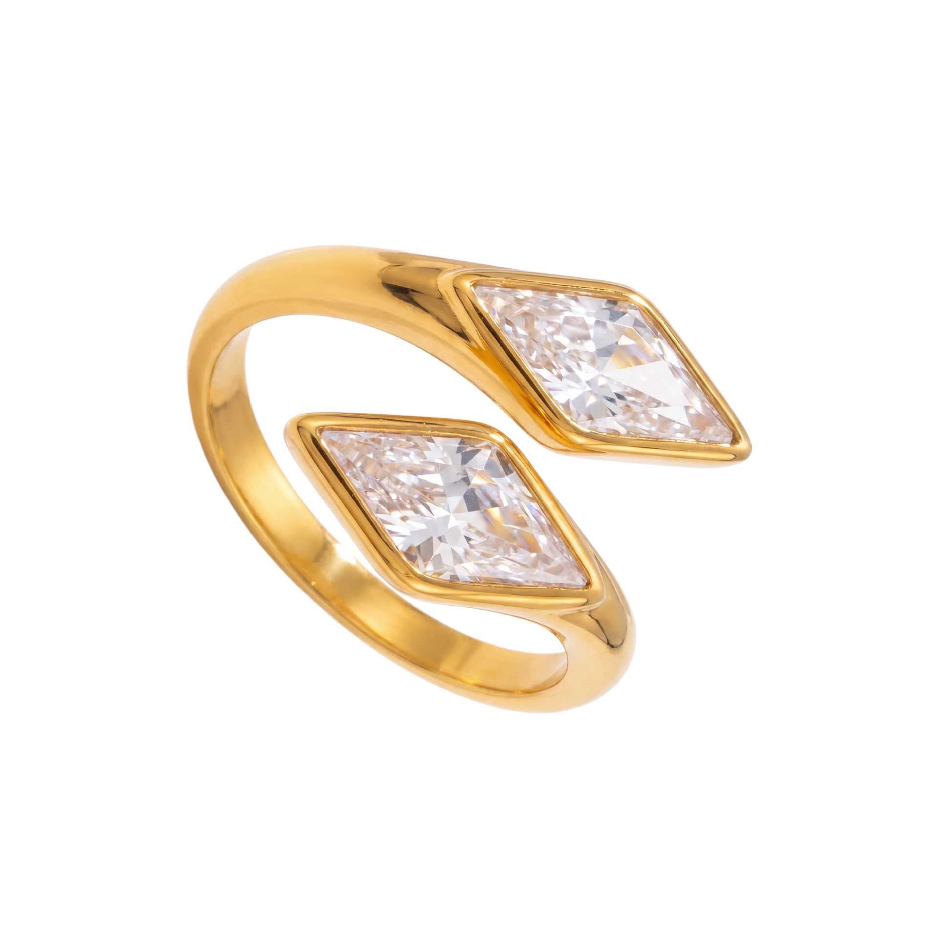 Titanium Steel Gold-Plated Geometric Zirconia Braided Double Heart Gypsophila Diamond-Shape Adjustable Open Ring