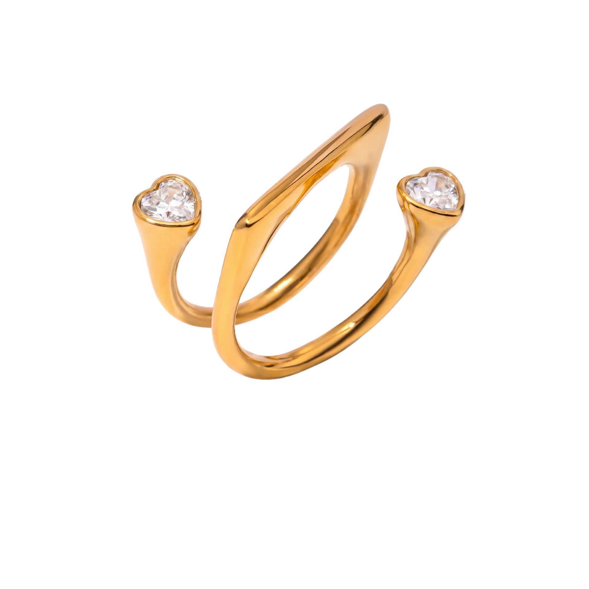 Titanium Steel Gold-Plated Geometric Zirconia Braided Double Heart Gypsophila Diamond-Shape Adjustable Open Ring