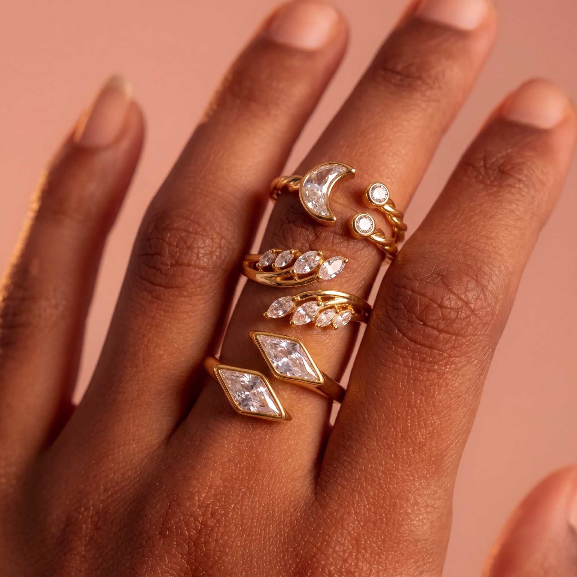 Titanium Steel Gold-Plated Geometric Zirconia Braided Double Heart Gypsophila Diamond-Shape Adjustable Open Ring