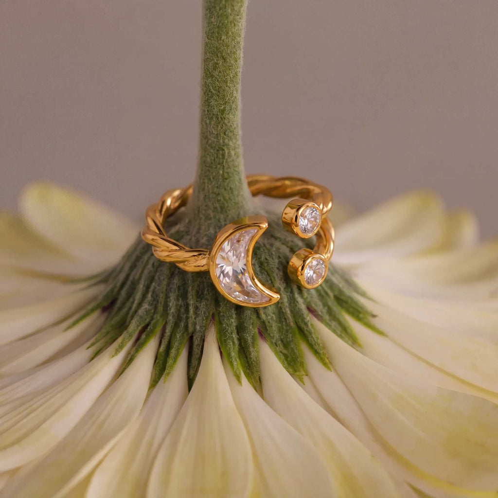 Titanium Steel Gold-Plated Geometric Zirconia Braided Double Heart Gypsophila Diamond-Shape Adjustable Open Ring