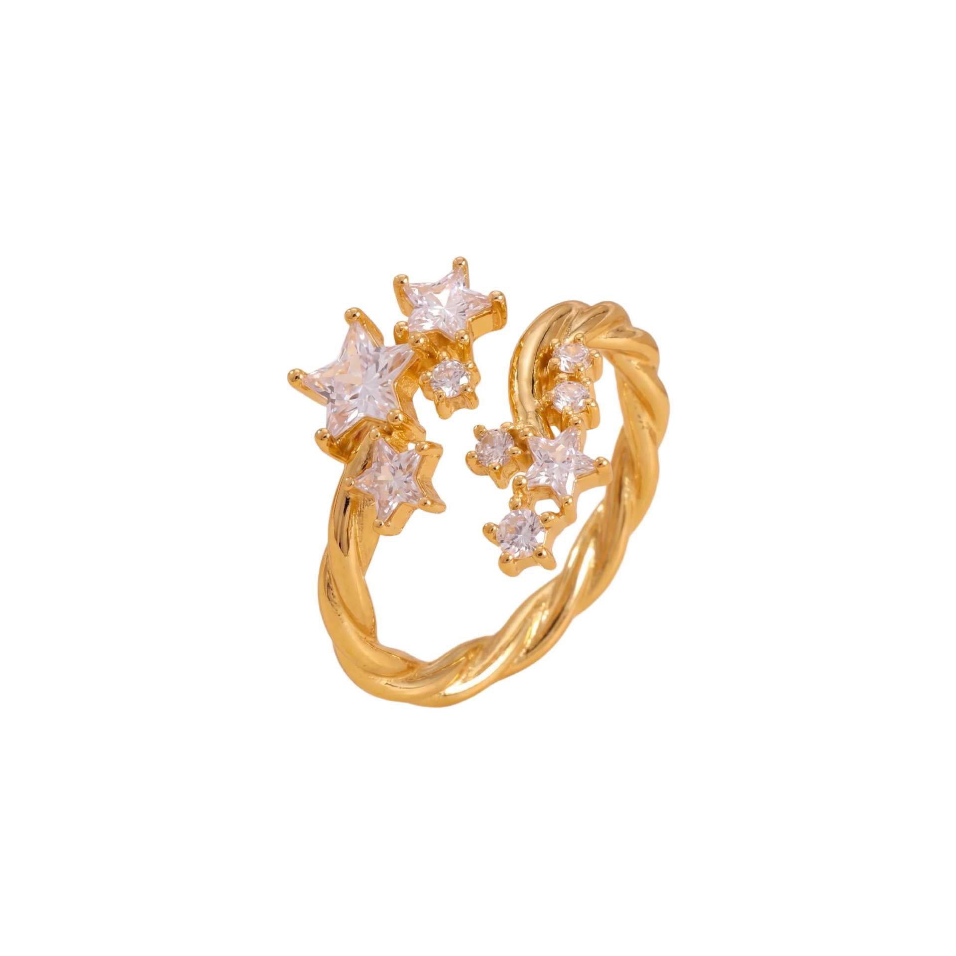 Titanium Steel Gold-Plated Geometric Zirconia Braided Double Heart Gypsophila Diamond-Shape Adjustable Open Ring