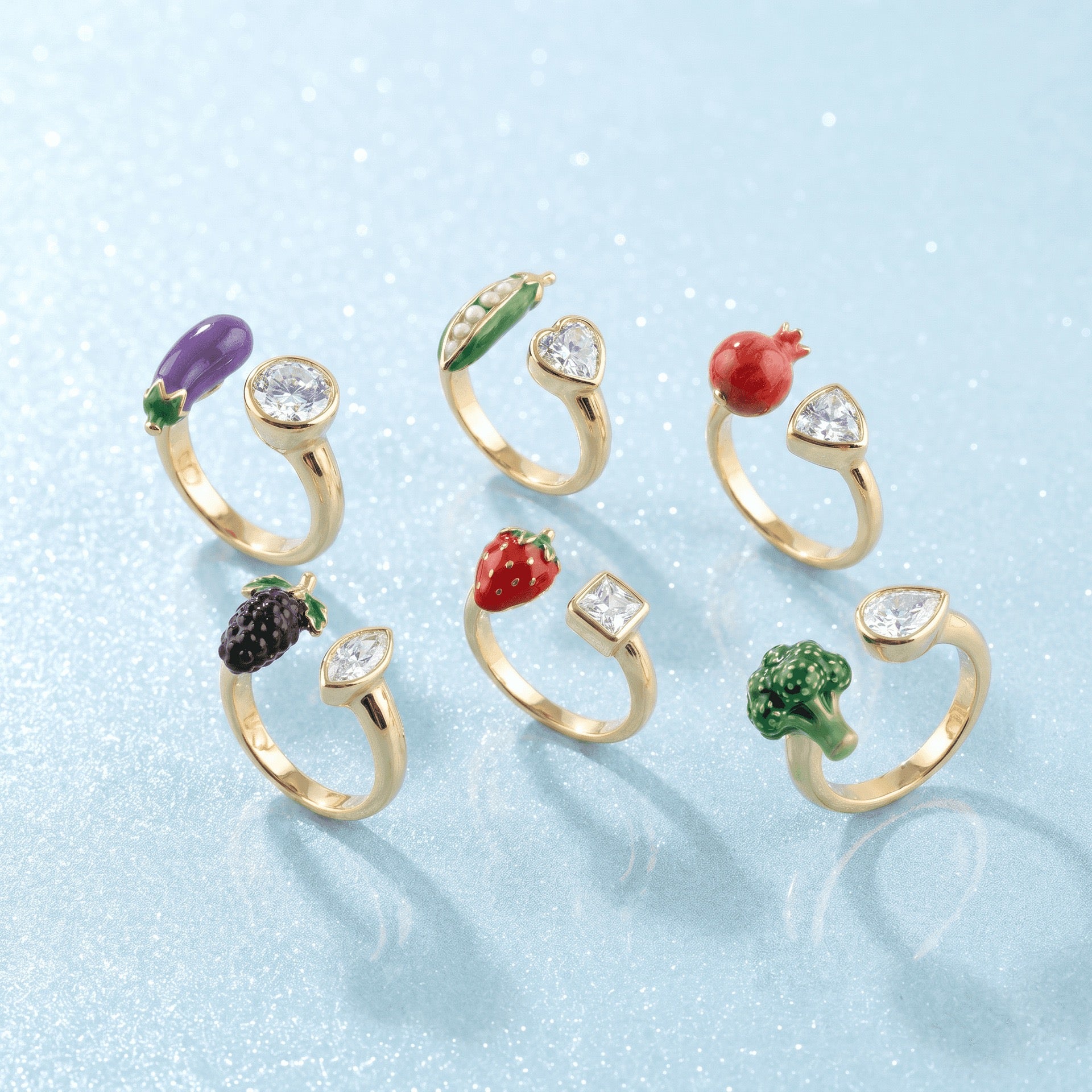 Whimsical Fruit & Vegetable Enamel Open Ring – Zirconia-Set Adjustable Gold-Plated Colour-Retaining