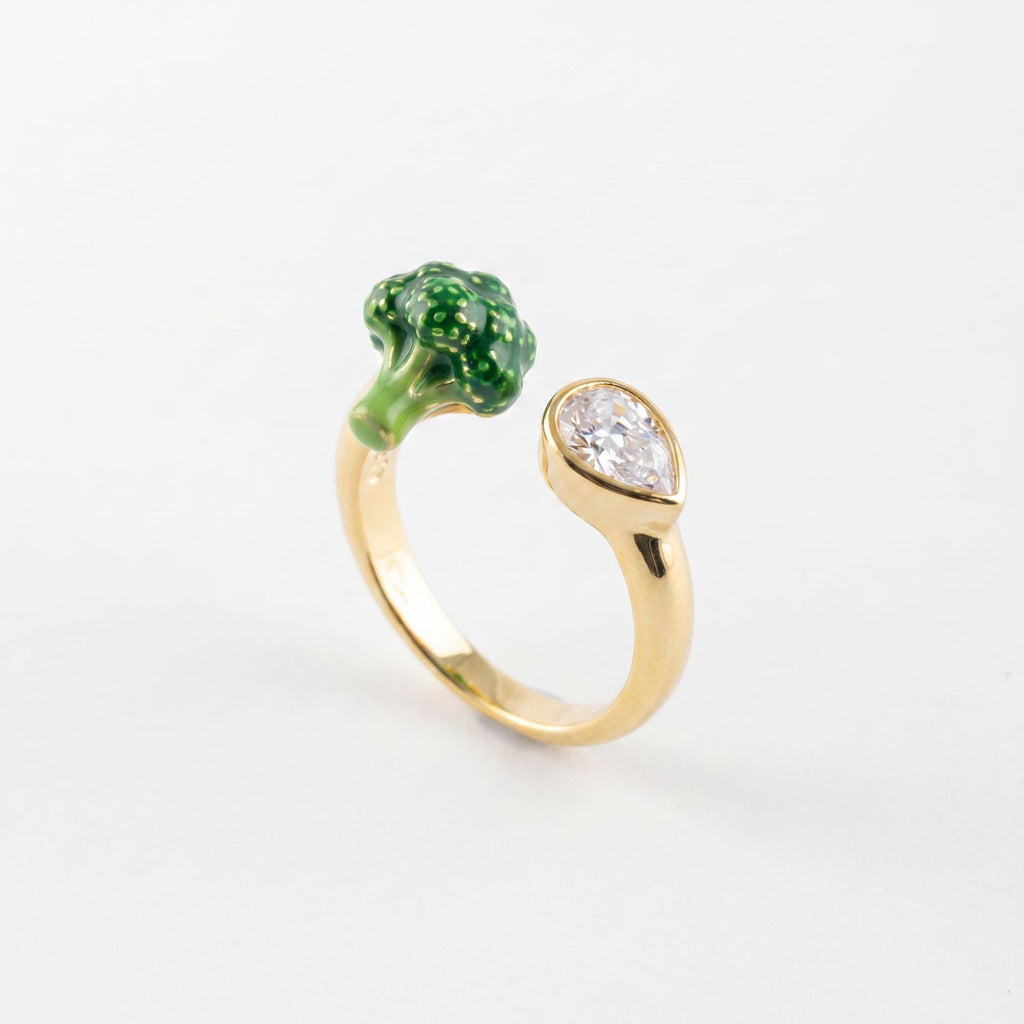Whimsical Fruit & Vegetable Enamel Open Ring – Zirconia-Set Adjustable Gold-Plated Colour-Retaining