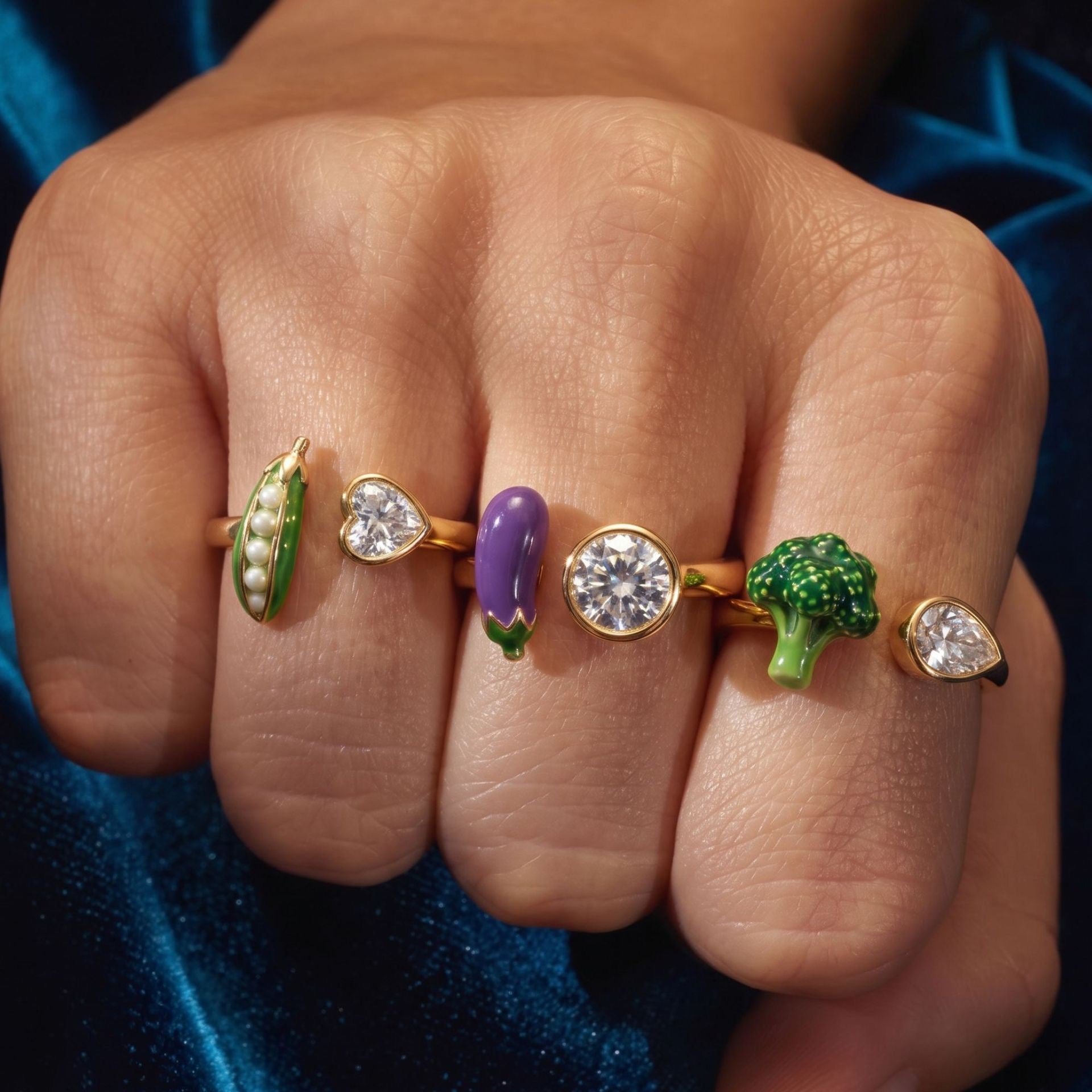 Whimsical Fruit & Vegetable Enamel Open Ring – Zirconia-Set Adjustable Gold-Plated Colour-Retaining