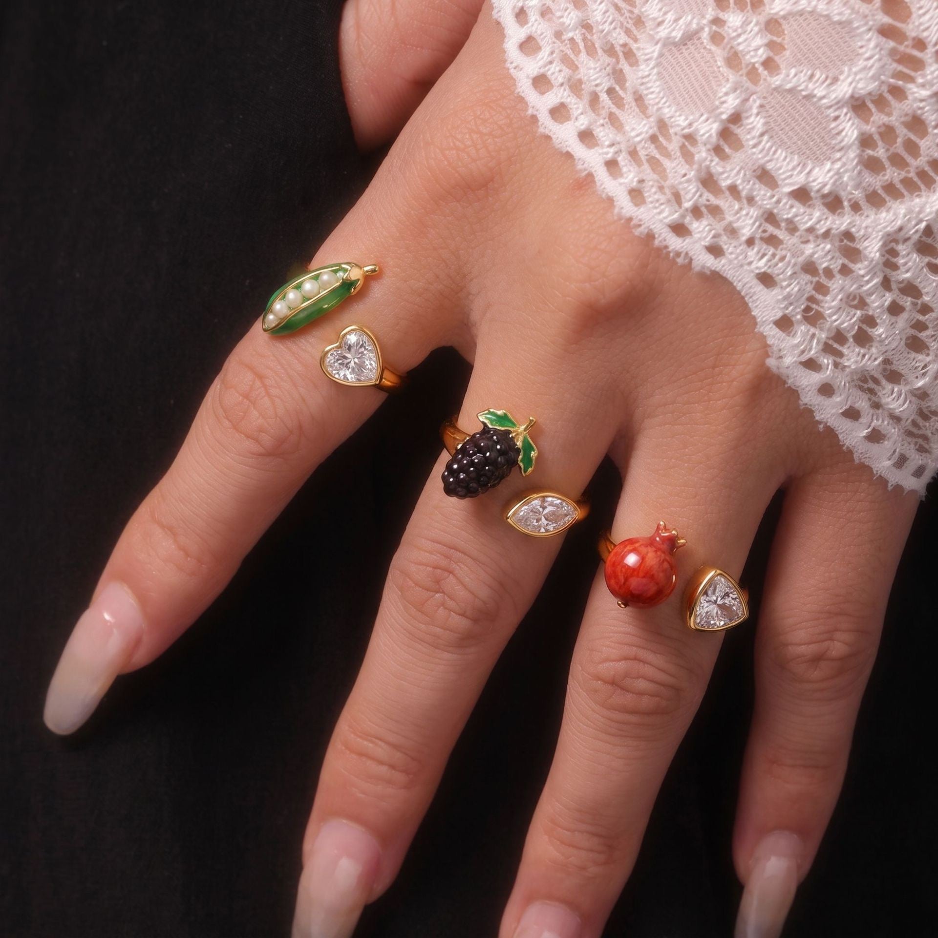 Whimsical Fruit & Vegetable Enamel Open Ring – Zirconia-Set Adjustable Gold-Plated Colour-Retaining