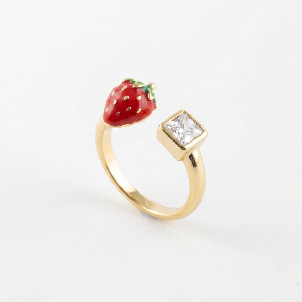 Whimsical Fruit & Vegetable Enamel Open Ring – Zirconia-Set Adjustable Gold-Plated Colour-Retaining