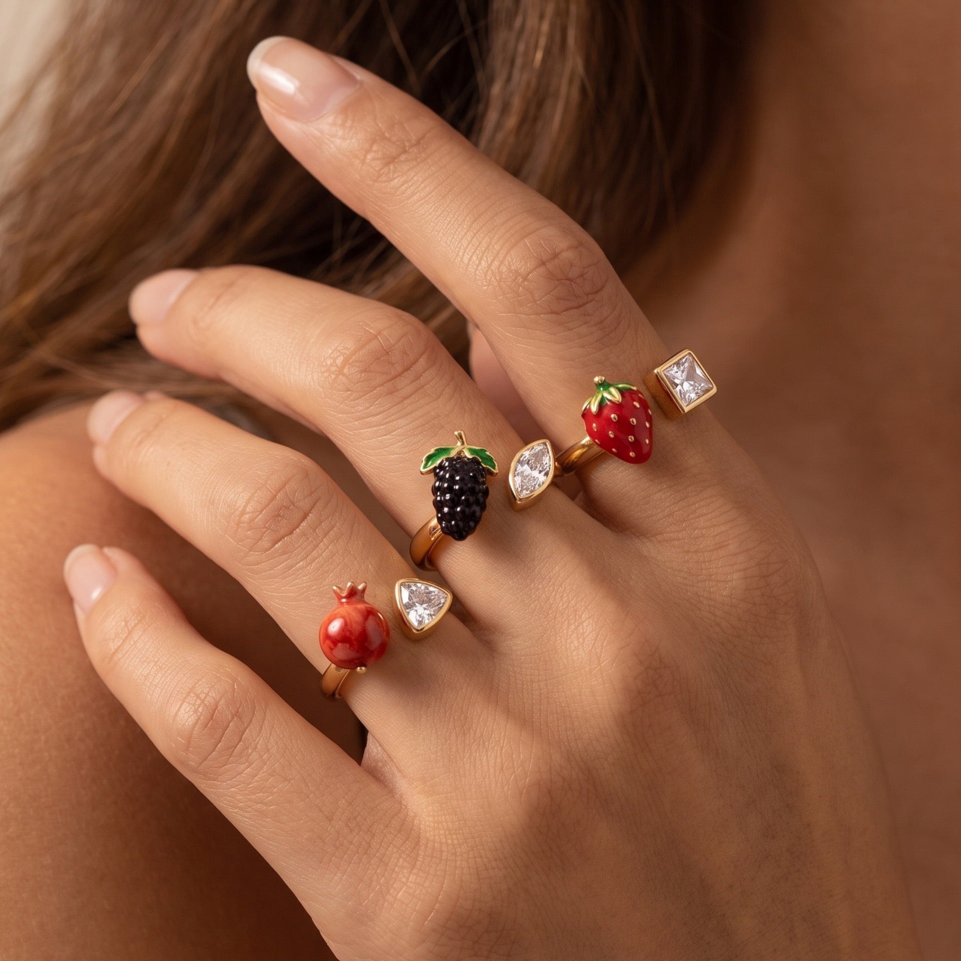 Whimsical Fruit & Vegetable Enamel Open Ring – Zirconia-Set Adjustable Gold-Plated Colour-Retaining