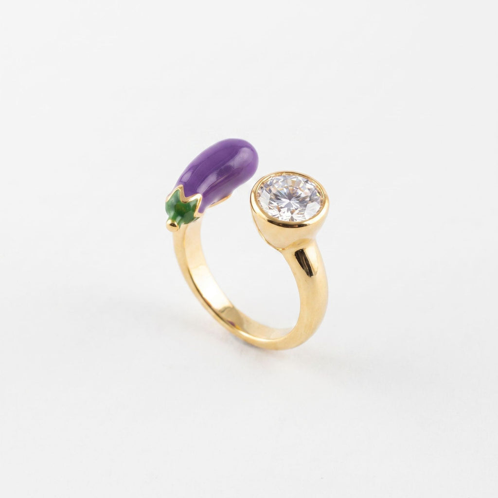 Whimsical Fruit & Vegetable Enamel Open Ring – Zirconia-Set Adjustable Gold-Plated Colour-Retaining
