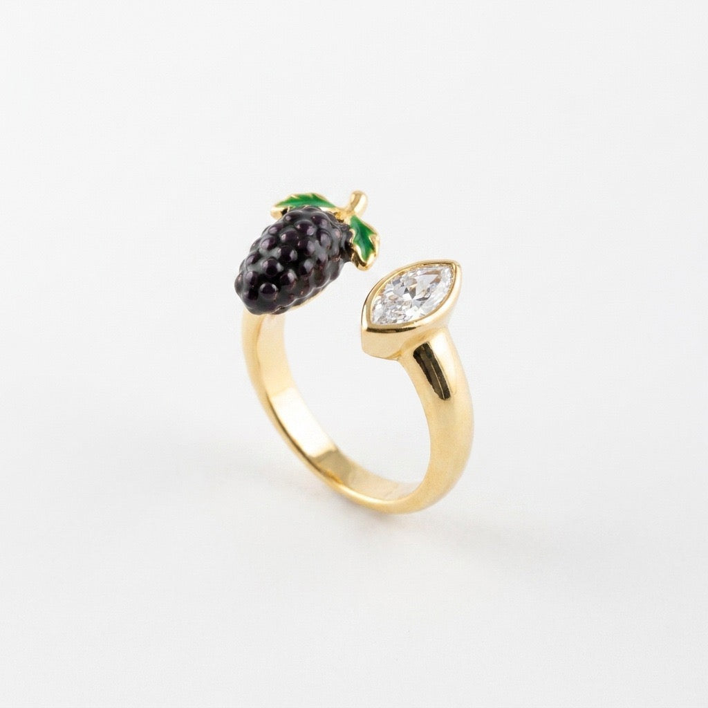 Whimsical Fruit & Vegetable Enamel Open Ring – Zirconia-Set Adjustable Gold-Plated Colour-Retaining