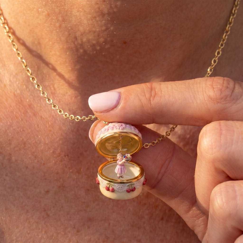 Trendy Cute Burger, Cherry & Blue Flower Openable Charm Necklace – High-Quality Whimsical Edition