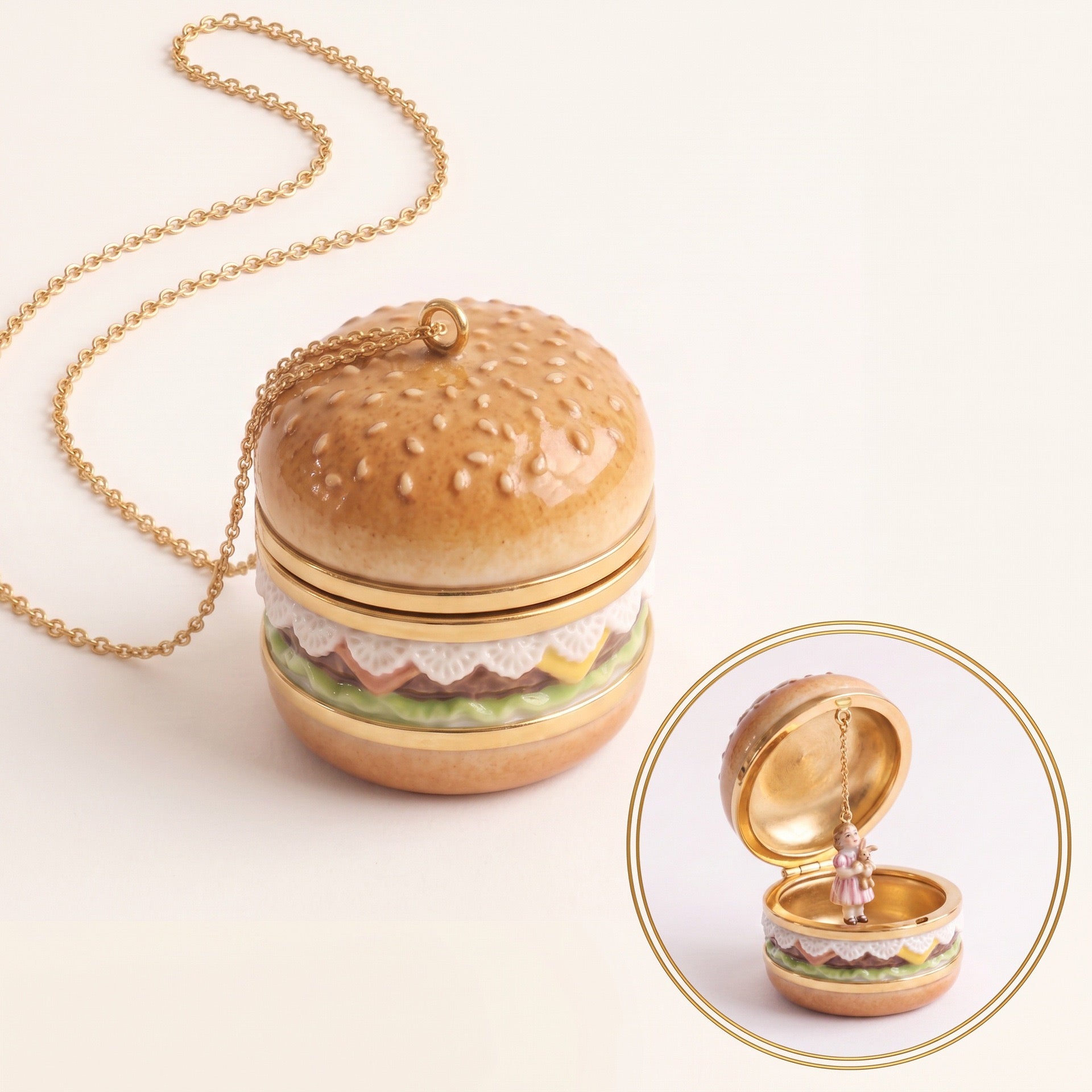 Trendy Cute Burger, Cherry & Blue Flower Openable Charm Necklace – High-Quality Whimsical Edition