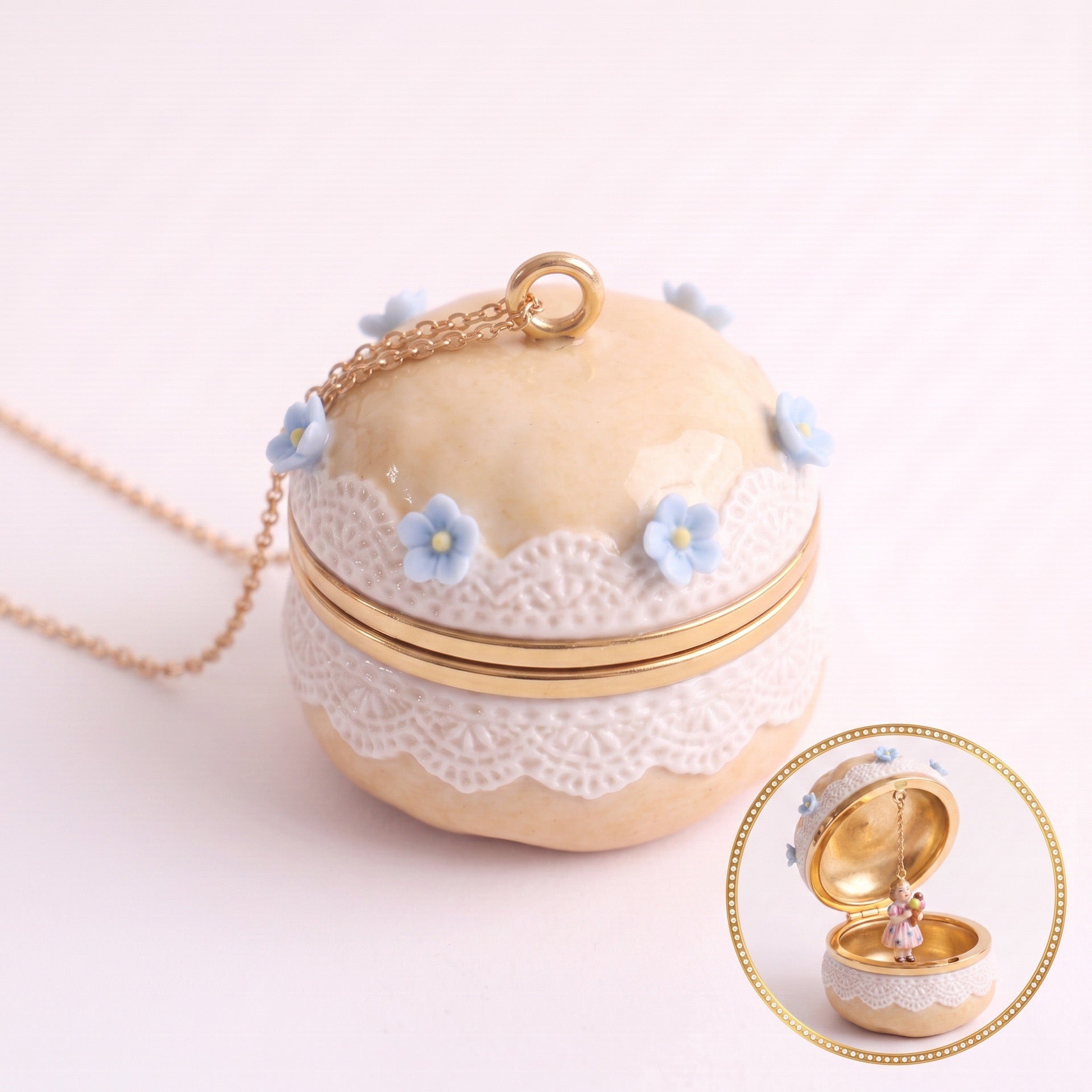 Trendy Cute Burger, Cherry & Blue Flower Openable Charm Necklace – High-Quality Whimsical Edition