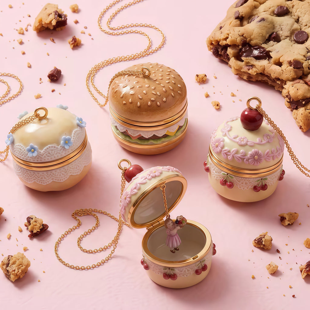 Trendy Cute Burger, Cherry & Blue Flower Openable Charm Necklace – High-Quality Whimsical Edition