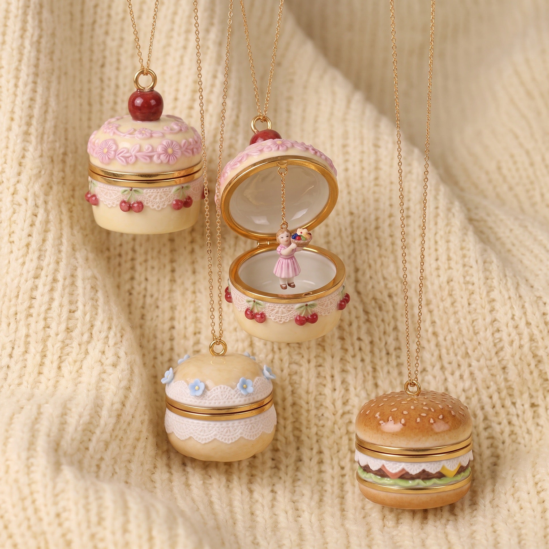 Trendy Cute Burger, Cherry & Blue Flower Openable Charm Necklace – High-Quality Whimsical Edition
