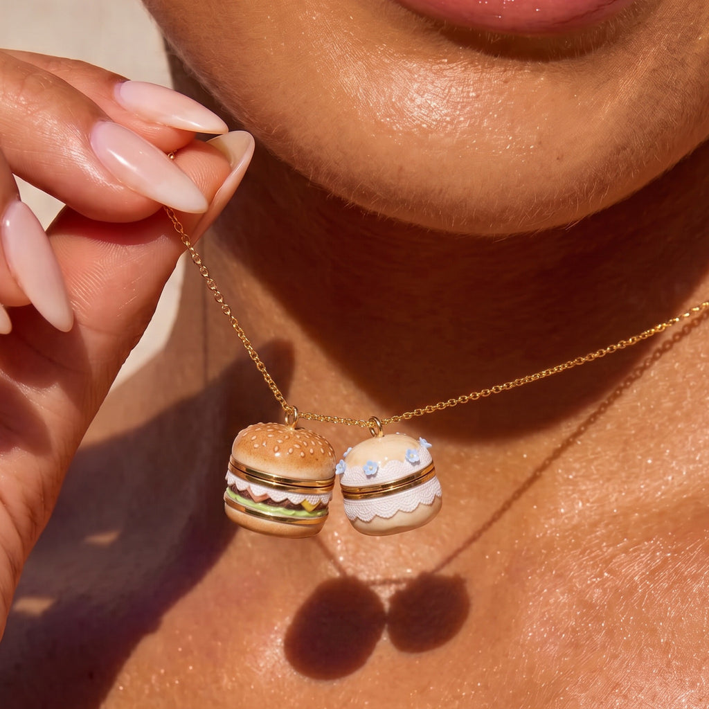Trendy Cute Burger, Cherry & Blue Flower Openable Charm Necklace – High-Quality Whimsical Edition