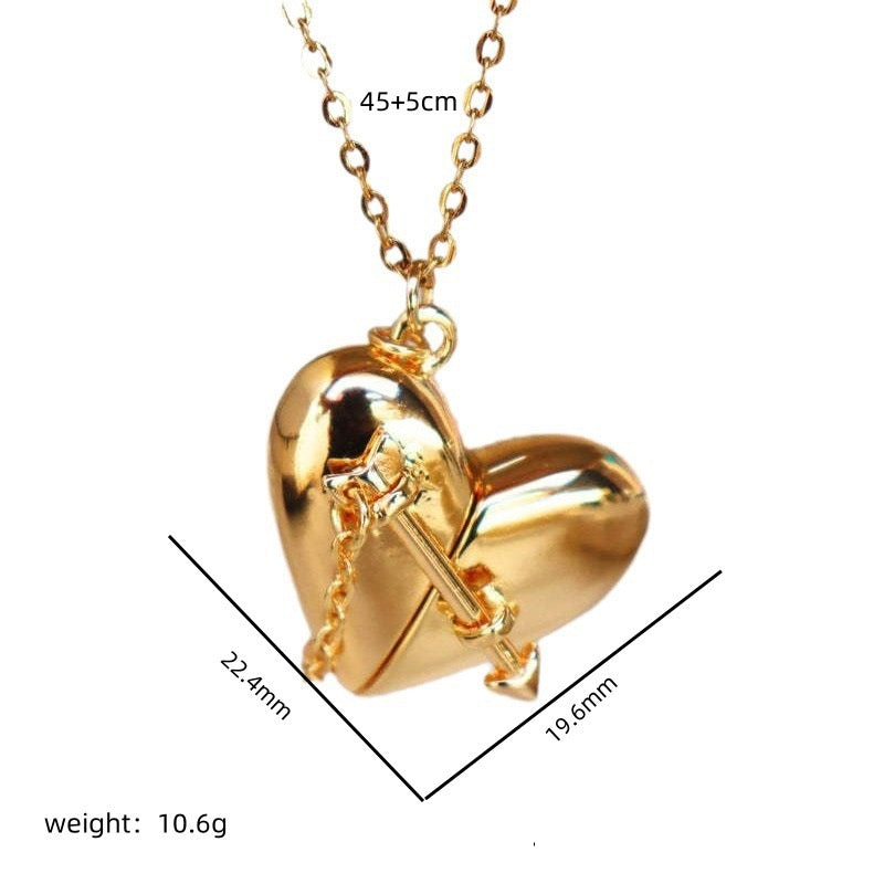 Valentine's Day Heart Locket Pendant Necklace – Openable Keepsake Peach Heart Collarbone Chain, Copper with Real Gold Plating