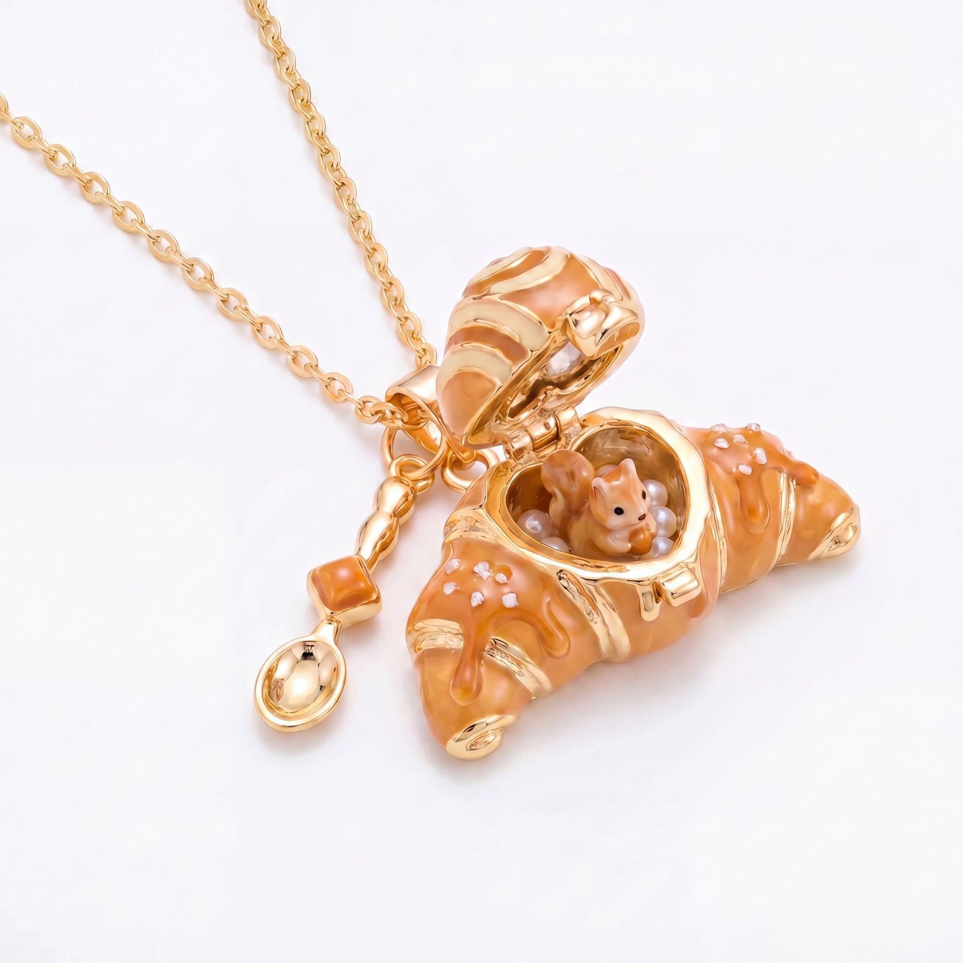 Openable Croissant Necklace – Cute Animal Charm, High-Quality Colour-Retaining