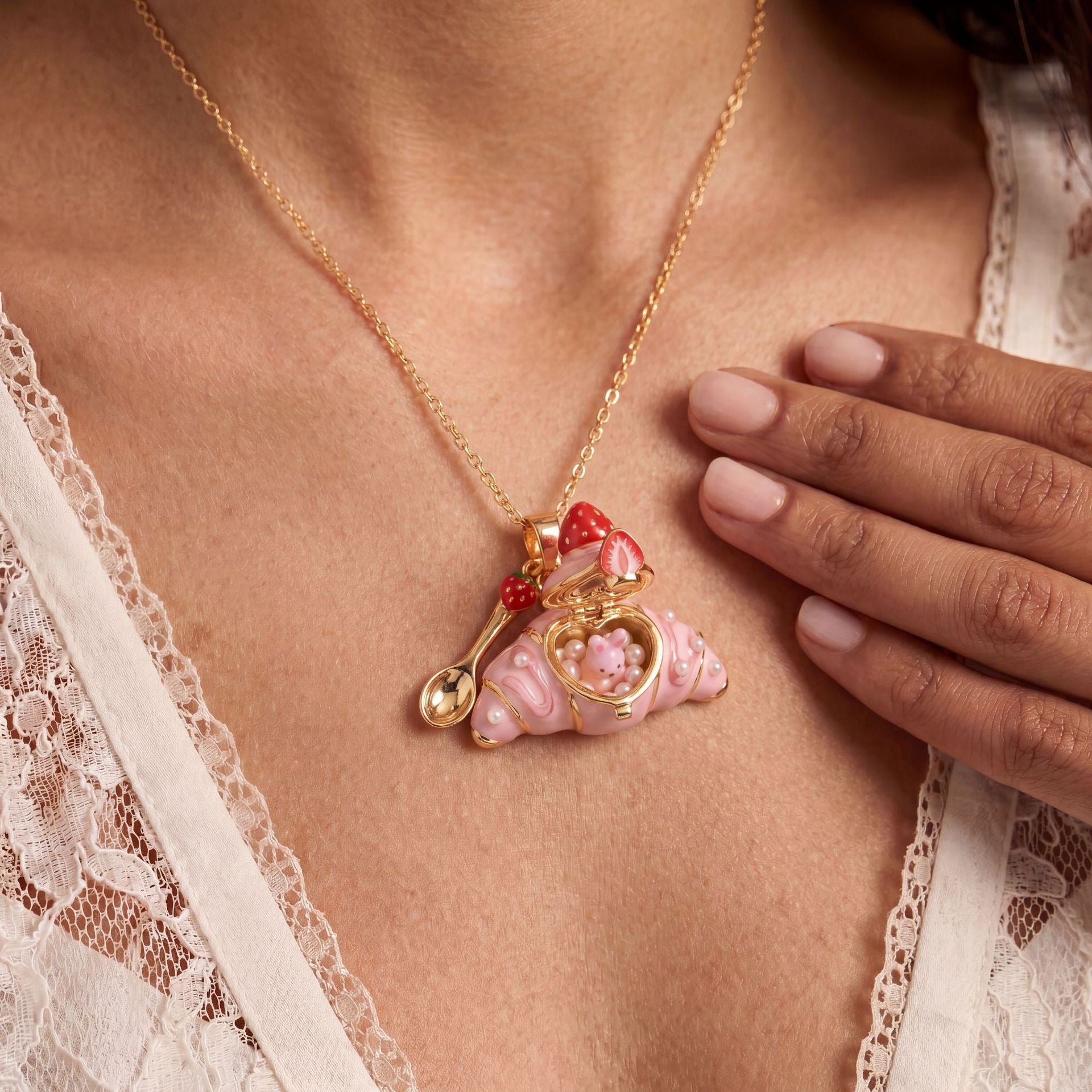 Openable Croissant Necklace – Cute Animal Charm, High-Quality Colour-Retaining