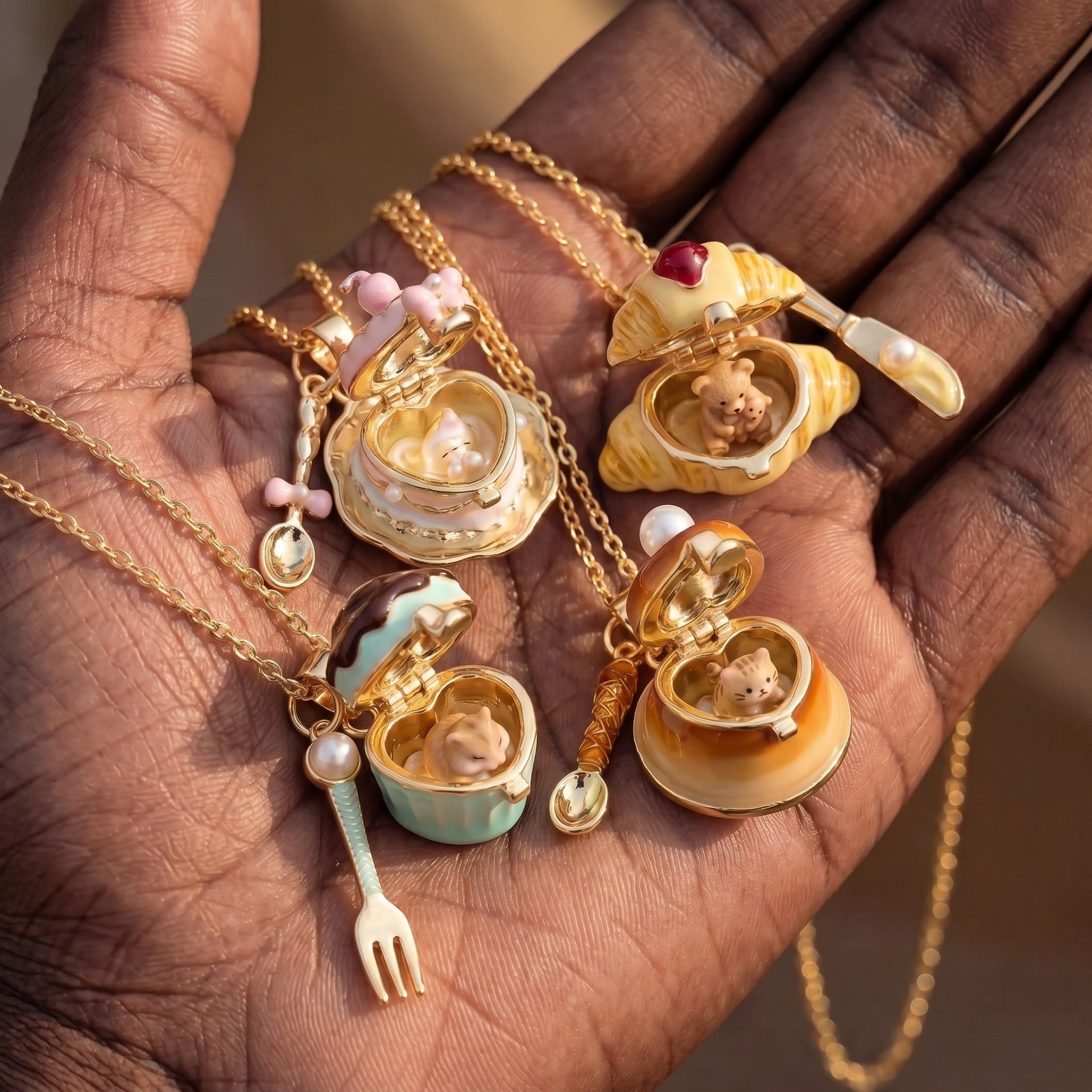 Miniature Food Play Openable Jewellery – Cat, Hamster & Bear Dessert Charm Necklaces & Rings, Viral Girly Collection