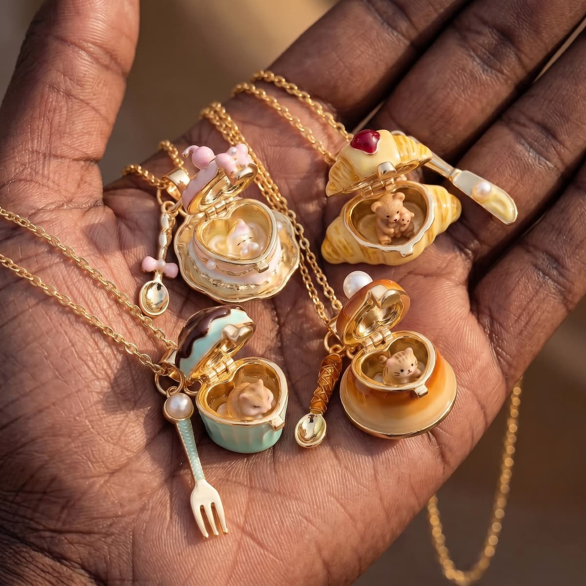 Miniature Food Play Openable Jewellery – Cat, Hamster & Bear Dessert Charm Necklaces & Rings, Viral Girly Collection - UMI