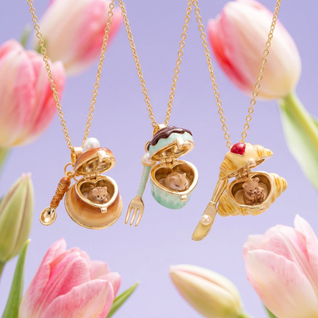 Miniature Food Play Openable Jewellery – Cat, Hamster & Bear Dessert Charm Necklaces & Rings, Viral Girly Collection