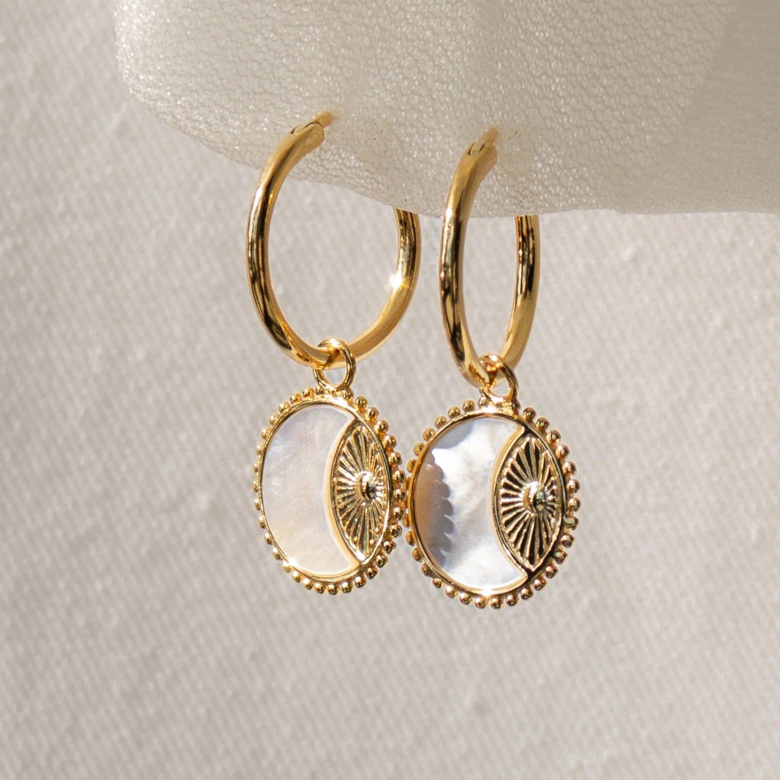 Vintage 3D Coin Sun & Moon Earrings | Mother-of-Pearl Pendant Hoops | 18K Gold Plated