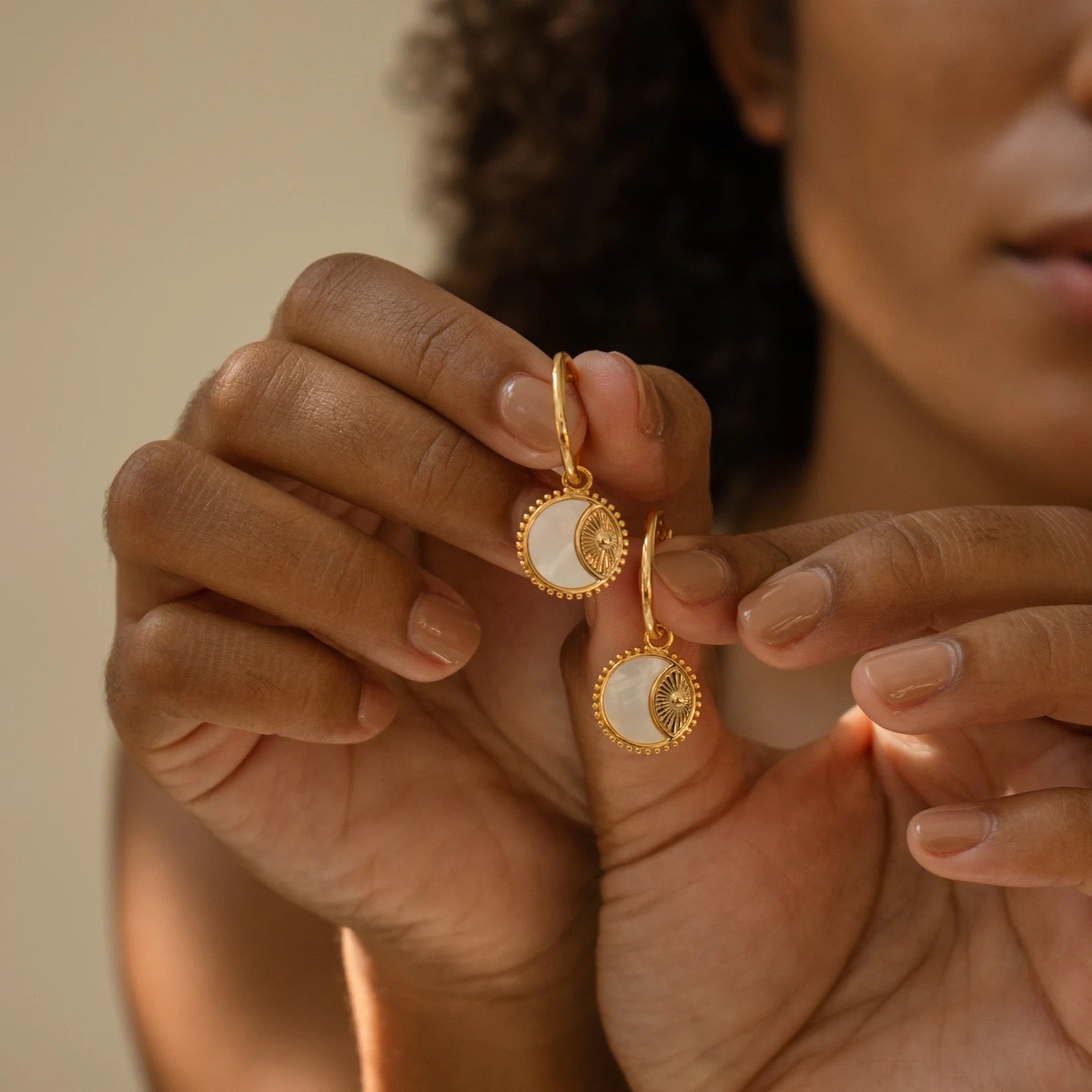 Vintage 3D Coin Sun & Moon Earrings | Mother-of-Pearl Pendant Hoops | 18K Gold Plated