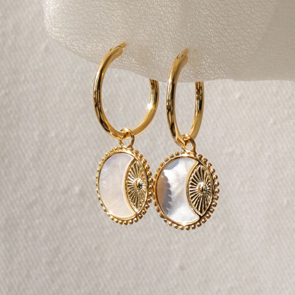 Vintage 3D Coin Sun & Moon Earrings | Mother-of-Pearl Pendant Hoops | 18K Gold Plated