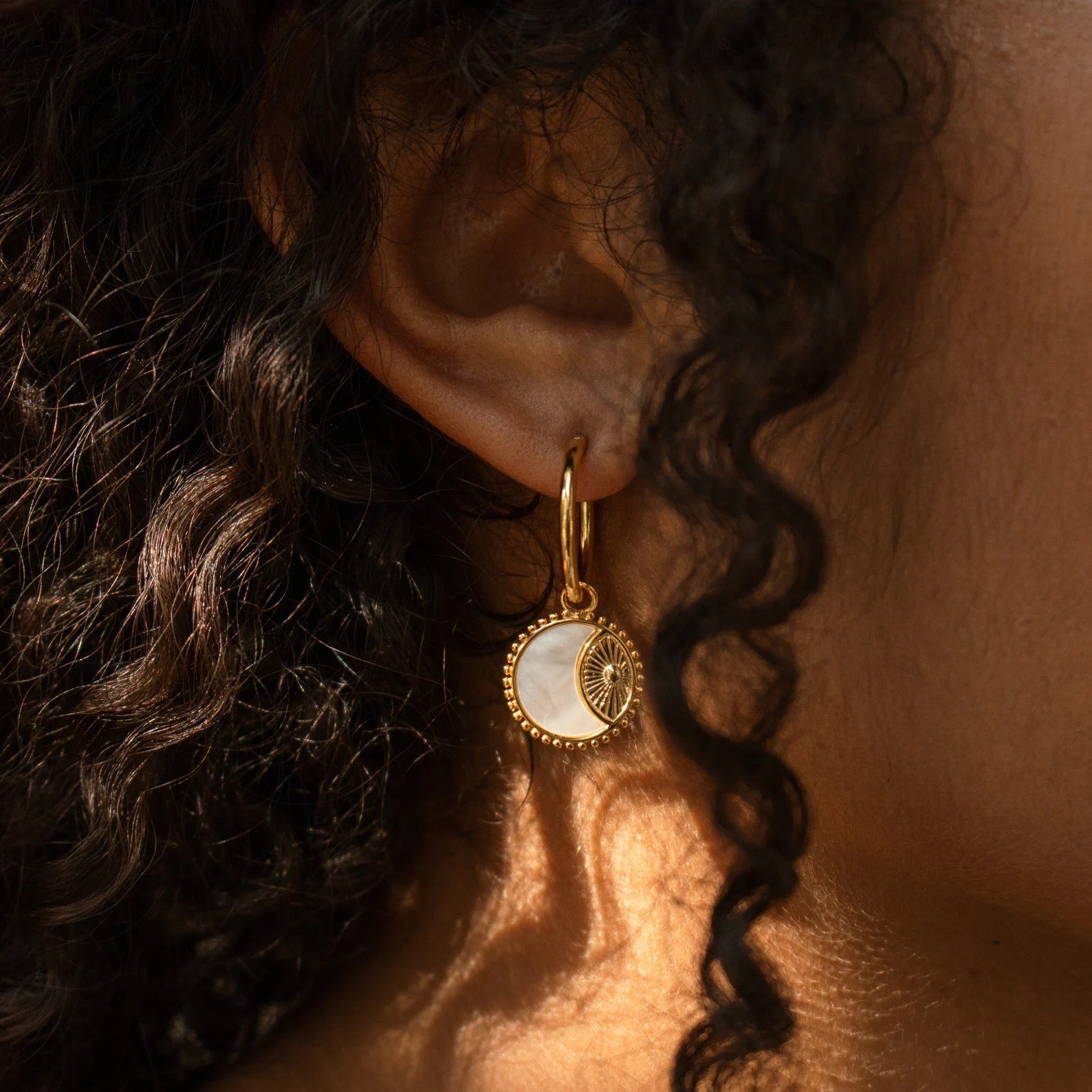 Vintage 3D Coin Sun & Moon Earrings | Mother-of-Pearl Pendant Hoops | 18K Gold Plated