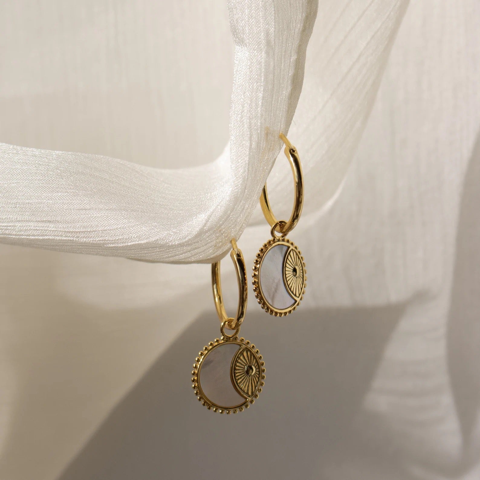 Vintage 3D Coin Sun & Moon Earrings | Mother-of-Pearl Pendant Hoops | 18K Gold Plated