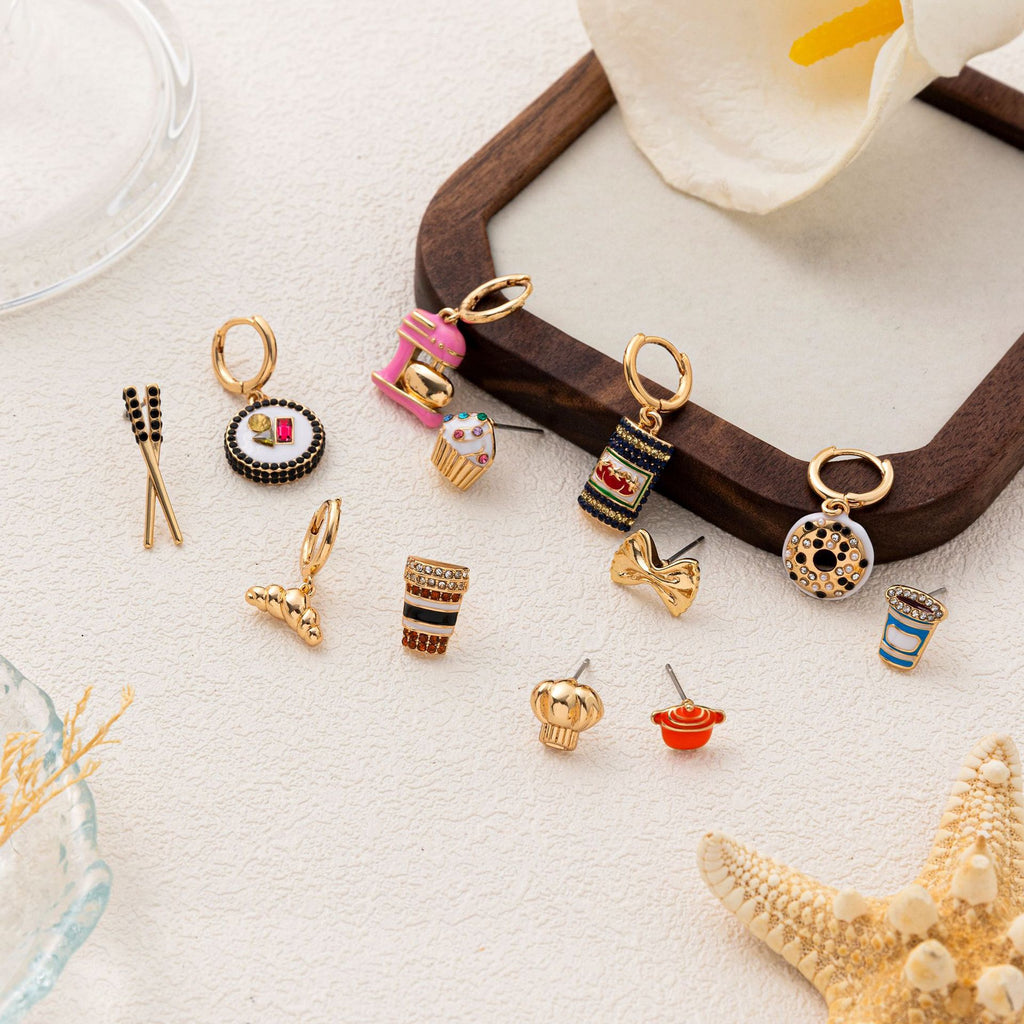 INS Creative Breakfast Food Stud Earrings | Asymmetric Rhinestone Cute Vacation Jewelry