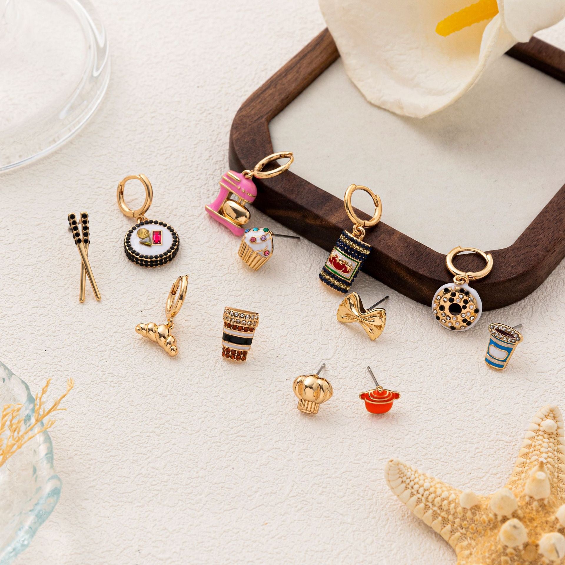 INS Creative Breakfast Food Stud Earrings | Asymmetric Rhinestone Cute Vacation Jewelry