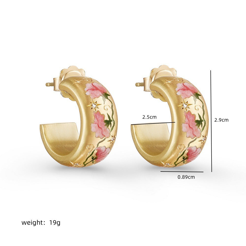Titanium Steel Painted Floral Rose C-Hoop Earrings | Minimalist Luxury Niche Design