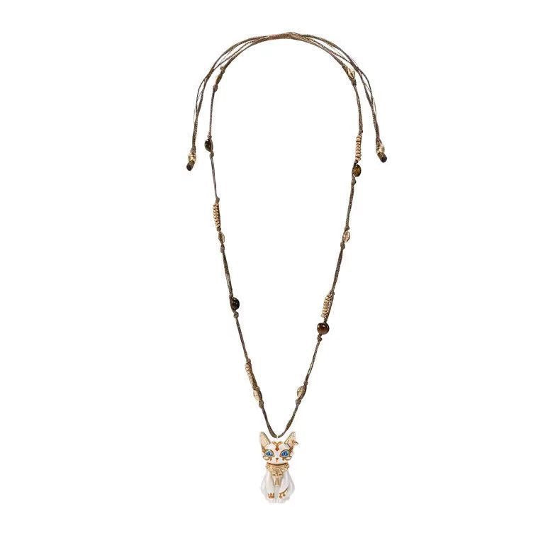Eye of Horus Pharaoh Cat Ankh Beaded Necklace | 18K Gold Plated Stainless Steel
