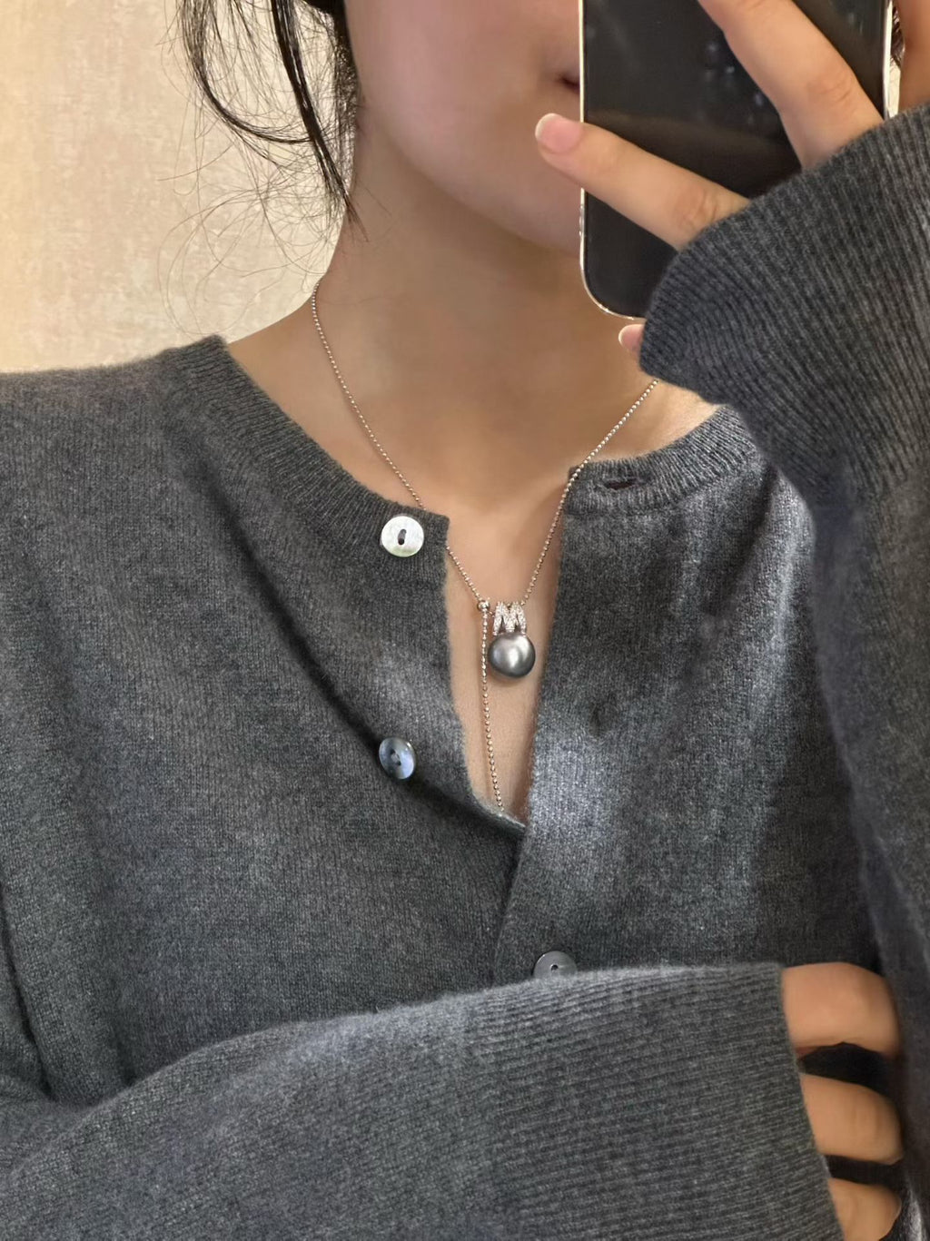 South Sea Pearl & 18K White Gold Diamond 'M' Initial Necklace | Platinum Grey