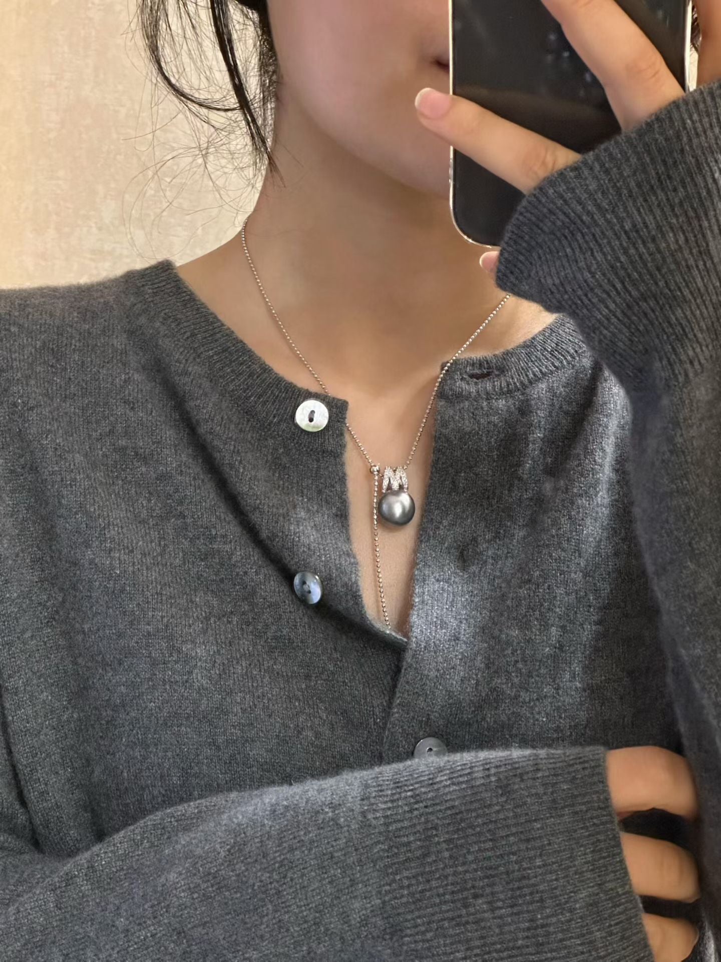South Sea Pearl & 18K White Gold Diamond 'M' Initial Necklace | Platinum Grey