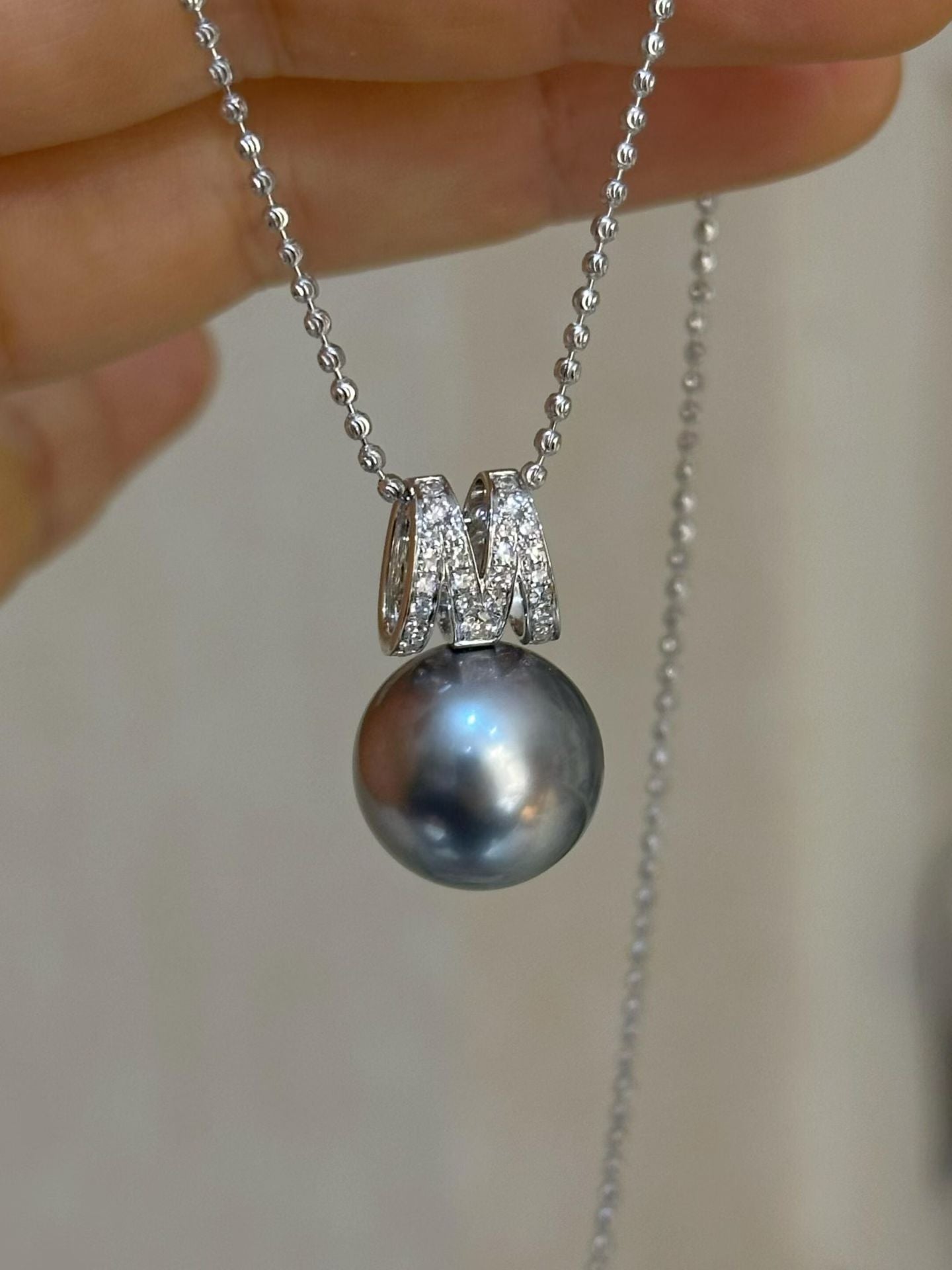 South Sea Pearl & 18K White Gold Diamond 'M' Initial Necklace | Platinum Grey