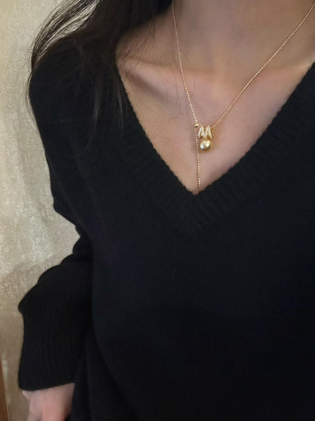 South Sea Pearl & 18K White Gold Diamond 'M' Initial Necklace | Platinum Grey