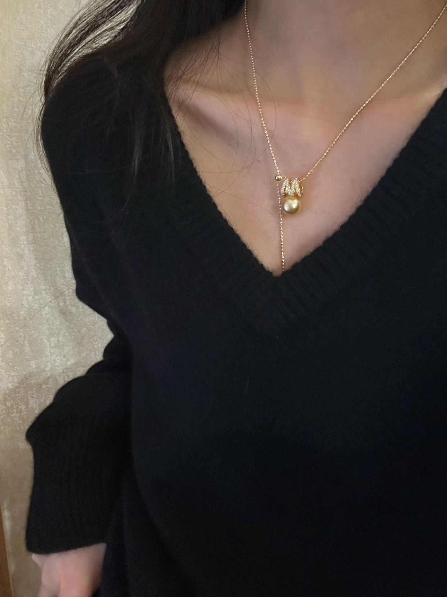 South Sea Pearl & 18K White Gold Diamond 'M' Initial Necklace | Platinum Grey