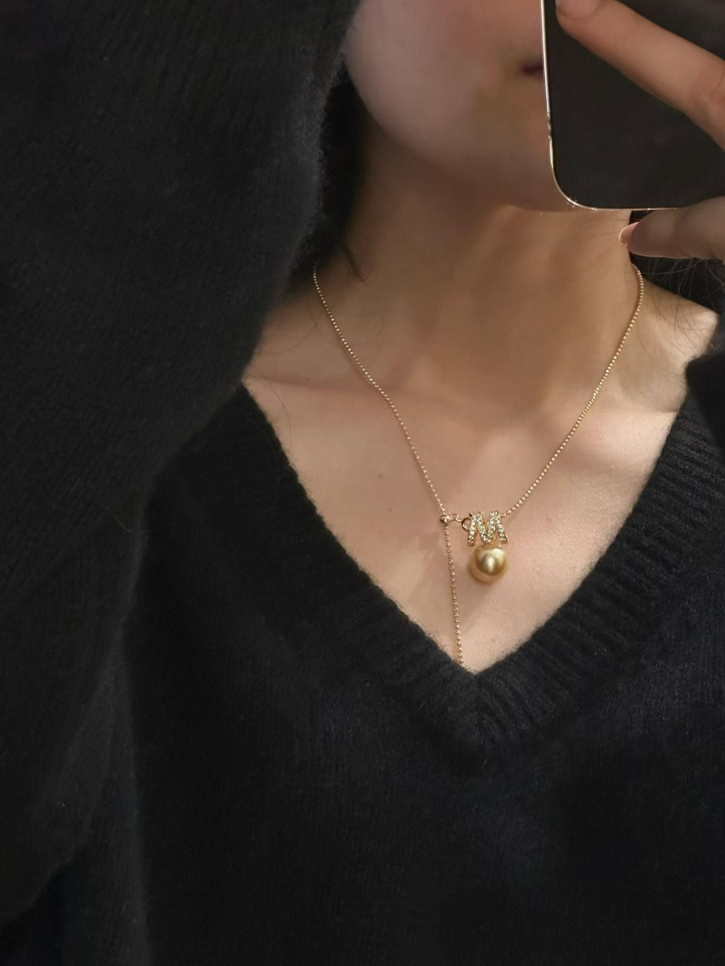 South Sea Pearl & 18K White Gold Diamond 'M' Initial Necklace | Platinum Grey