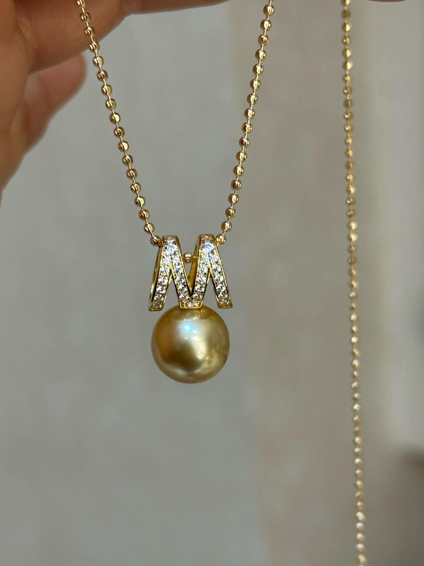 South Sea Pearl & 18K White Gold Diamond 'M' Initial Necklace | Platinum Grey