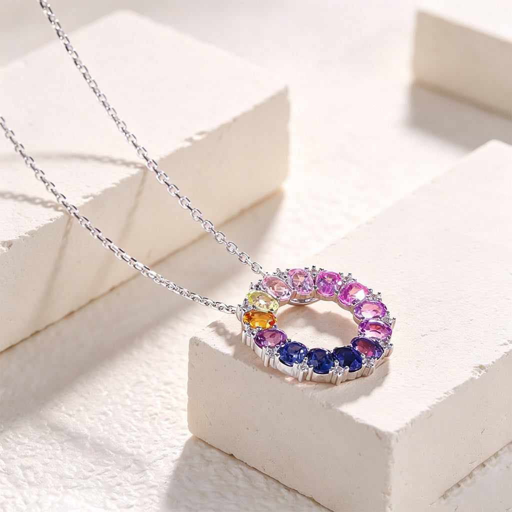 Lucky Ring Necklace — Oval Lab-Grown Coloured Gemstones & Moissanite Accents (4×3mm)