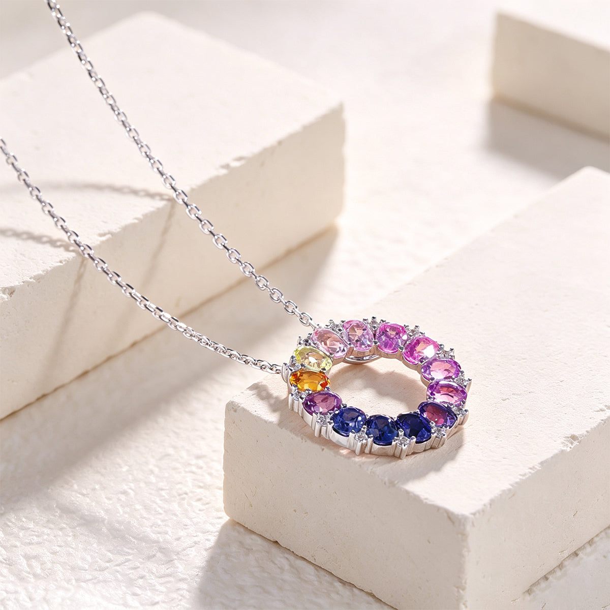 Lucky Ring Necklace — Oval Lab-Grown Coloured Gemstones & Moissanite Accents (4×3mm)