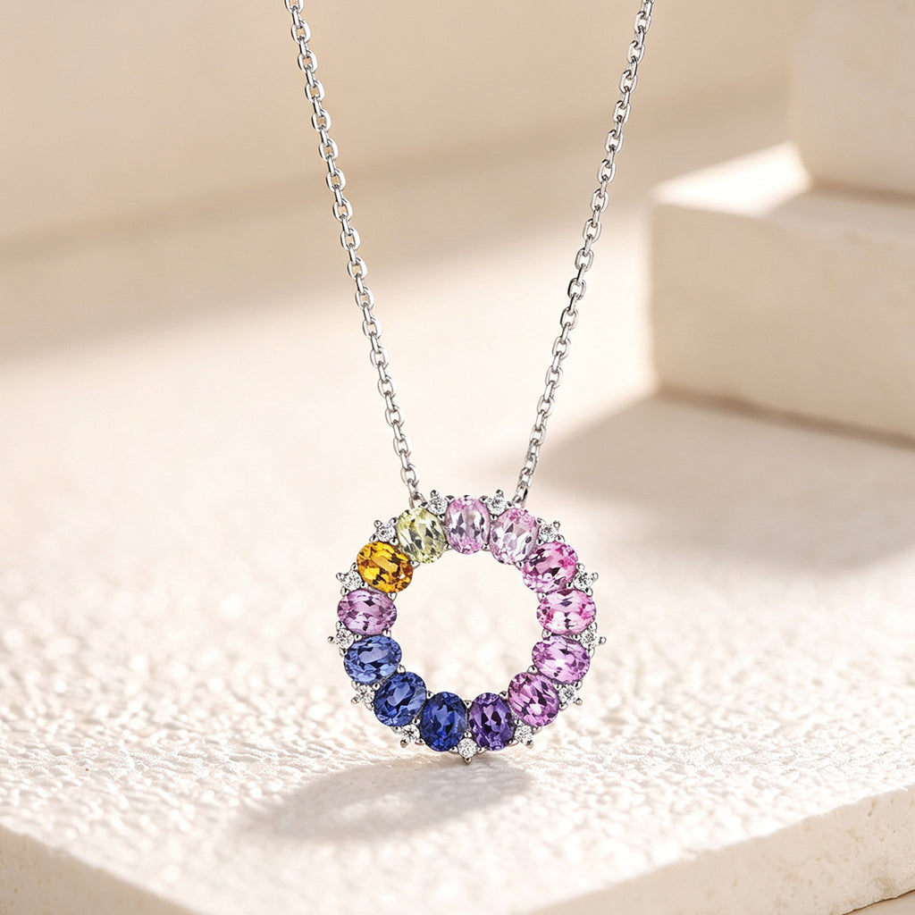 Lucky Ring Necklace — Oval Lab-Grown Coloured Gemstones & Moissanite Accents (4×3mm)