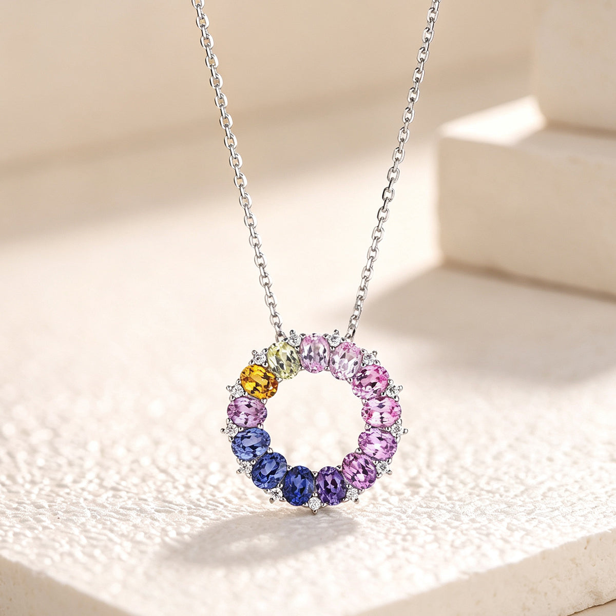 Lucky Ring Necklace — Oval Lab-Grown Coloured Gemstones & Moissanite Accents (4×3mm)