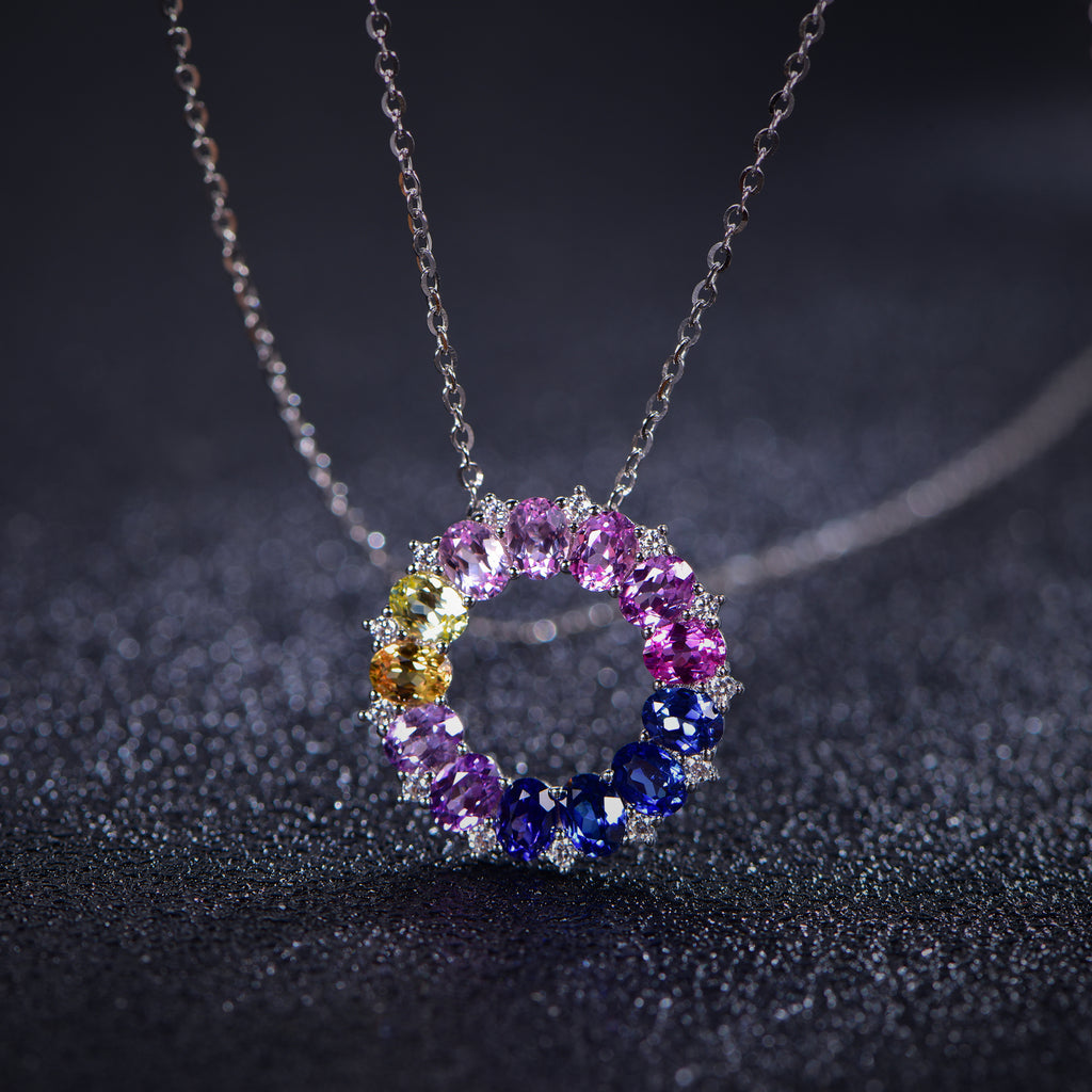 Lucky Ring Necklace — Oval Lab-Grown Coloured Gemstones & Moissanite Accents (4×3mm)