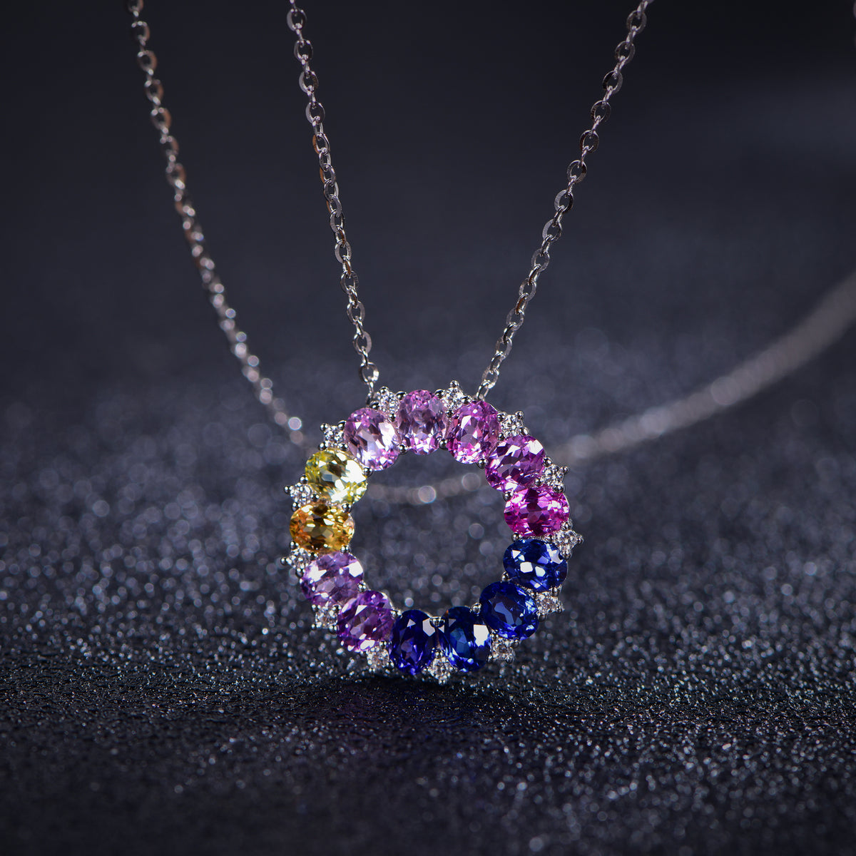 Lucky Ring Necklace — Oval Lab-Grown Coloured Gemstones & Moissanite Accents (4×3mm)