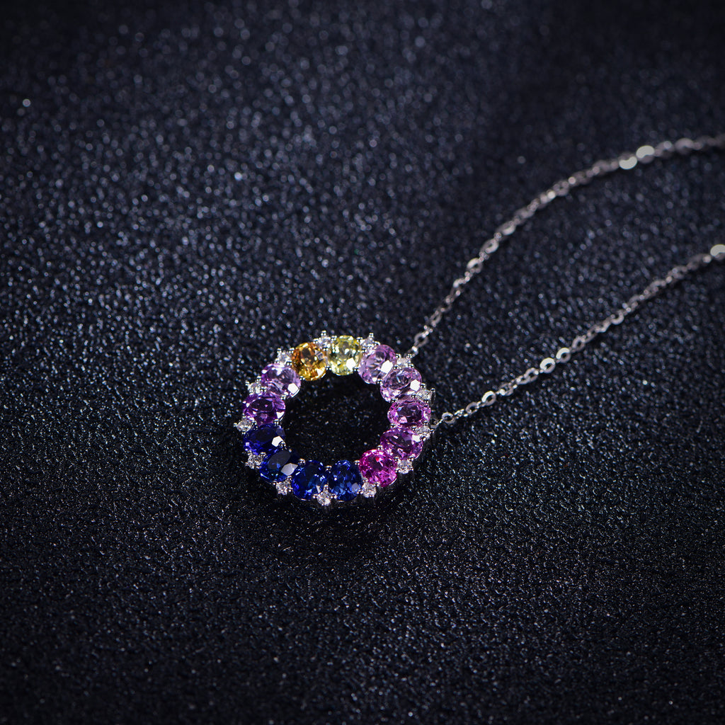 Lucky Ring Necklace — Oval Lab-Grown Coloured Gemstones & Moissanite Accents (4×3mm)